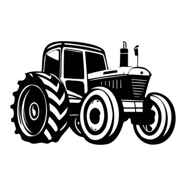 This black and white illustration features a classic agricultural tractor, emphasizing its large tires and unique design. Ideal for farming themes.