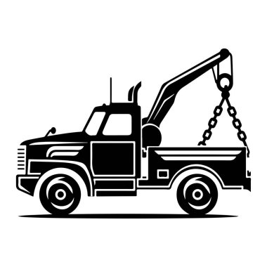 This striking black silhouette of a tow truck features a crane and chain, embodying essential roadside assistance and vehicle recovery services.
