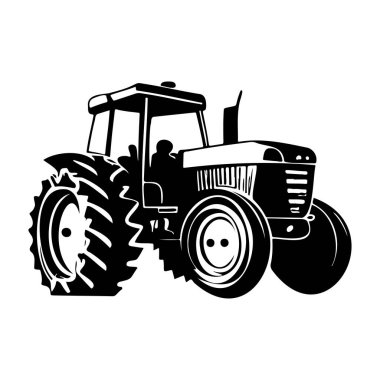 A striking black and white silhouette of a tractor showcases its large wheels and operator, making it perfect for agricultural designs and themes.