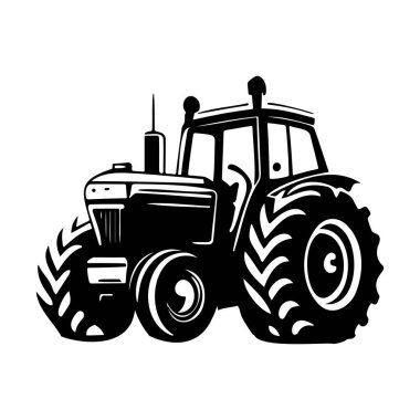 A detailed black and white illustration depicting a classic tractor with large tires, ideal for agricultural and farming-related projects or graphics.