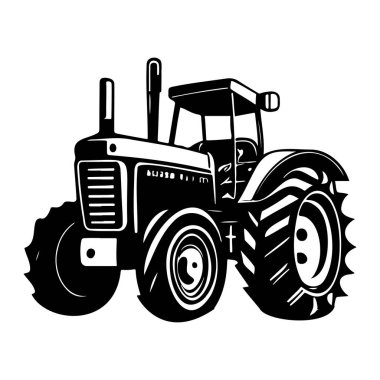 This vintage black and white illustration of a tractor showcases robust features and detailed wheels, perfect for agricultural themes and designs.