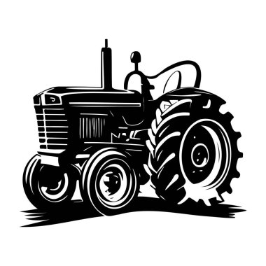 This striking black and white illustration depicts a vintage farm tractor, showcasing its classic design and rugged features ideal for agriculture.