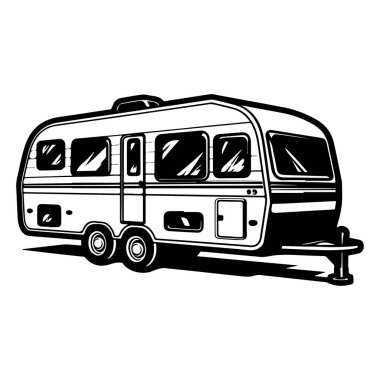 This vintage travel trailer illustration features a unique design in a minimalist black and white style, perfect for reflecting adventure and nostalgia.