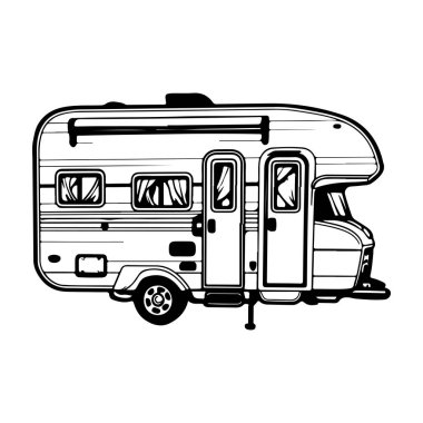 This illustration features a vintage camper trailer with a rounded shape and two doors, ideal for evoking travel memories and adventure.