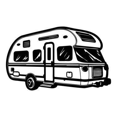A detailed black and white illustration of a vintage travel trailer, perfect for evoking feelings of adventure, freedom, and outdoor fun.