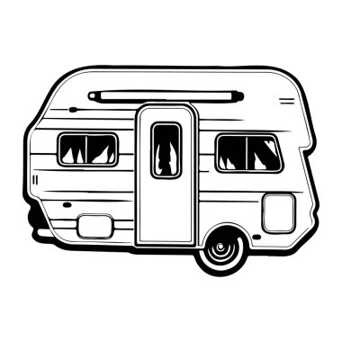 This vintage camper trailer illustration in black and white showcases a creative design perfect for travel, adventure, and outdoor themes.
