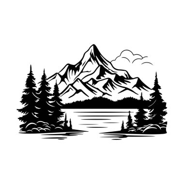 A striking black and white illustration featuring a majestic mountain landscape with tall pine trees and serene lake reflections.