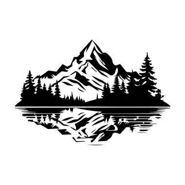 Captivating black and white silhouette showcasing majestic mountains reflecting in a tranquil lake, surrounded by lush pine trees.