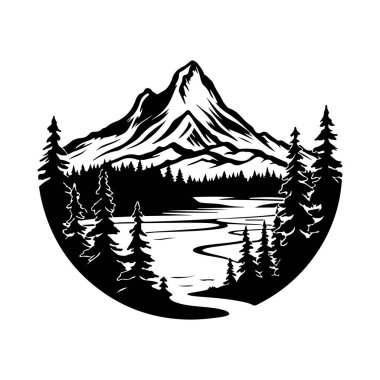 A stunning black and white illustration featuring a majestic mountain towering over a tranquil river, framed by tall trees under a calm sky.