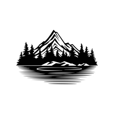 Experience the beauty of nature with this black and white illustration of a majestic mountain landscape featuring calm waters and pine trees.