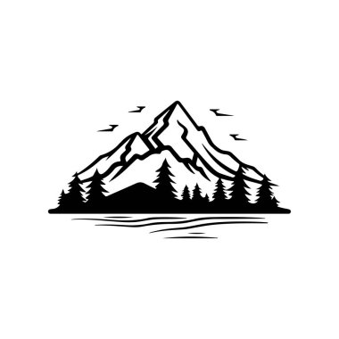 This black and white illustration depicts majestic mountains surrounded by trees and a serene water reflection, perfect for nature lovers.