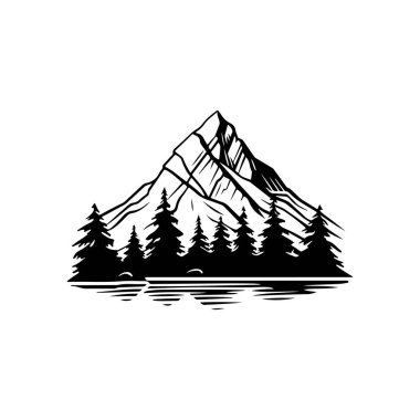 A striking monochrome illustration of a towering mountain surrounded by evergreen trees, reflecting on the still surface of a tranquil lake.