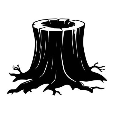 A striking black and white silhouette illustration of a tree stump with exposed roots, perfect for nature themes and minimalist designs.