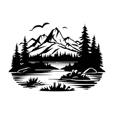 This monochrome illustration features majestic mountains, serene trees, and a calm lake, perfect for outdoor themes and nature-inspired art.