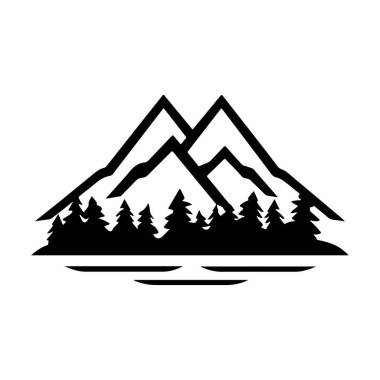 This striking black silhouette captures the essence of a tranquil landscape featuring majestic mountains and lush trees by a calm lake.