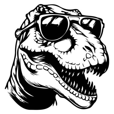 This striking black and white illustration features a cartoon Tyrannosaurus Rex wearing sunglasses, exuding a playful and cool vibe. Perfect for creative projects.