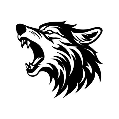 This striking black and white illustration captures a fierce wolf head with an open mouth, embodying power and intensity. Ideal for wildlife themes.
