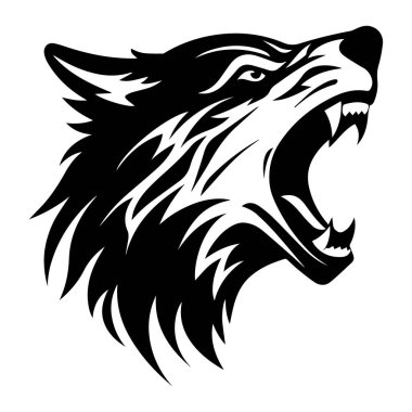 Captivating black silhouette of a wolf head with an open mouth, showcasing sharp teeth and a fierce expression, perfect for art and design projects.