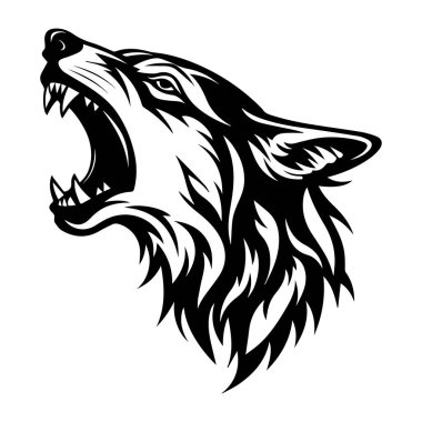 Striking black and white illustration of a fierce wolf head, capturing the animal's power and emotion, perfect for creative projects and designs.