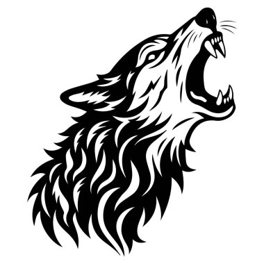 This striking illustration features a howling wolf with an expressive face, showcasing fine details in its fur and fierce expression, ideal for wildlife themes.