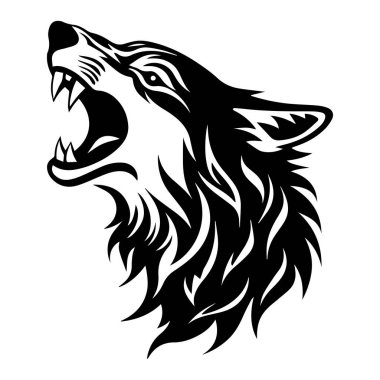 Detailed silhouette of a fierce wolf head, showcasing intricate fur and a roaring expression, perfect for artistic, creative, and nature-themed projects.