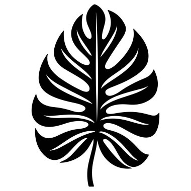 A striking black and white silhouette of a monstera leaf featuring intricate patterns, perfect for modern decor and botanical art projects.