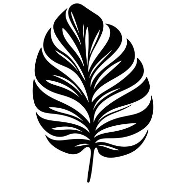 This elegant black silhouette of a tropical leaf features intricate patterns, perfect for design projects, decor themes, and nature-inspired art.