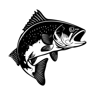 This intricate illustration features a lively freshwater fish in black and white, showcasing dynamic movement and fine details in the fins and scales.