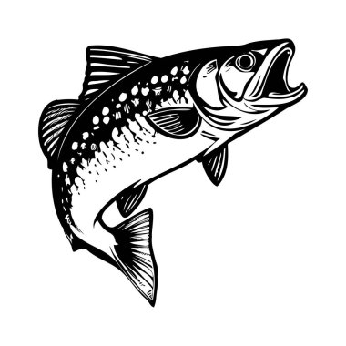 A striking monochrome illustration of a wild fish leaping out of the water, exhibiting intricate details in its scales and fins, capturing nature's beauty.