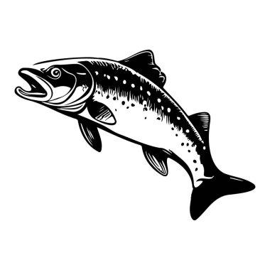 This black and white illustration features a detailed trout fish swimming upward. It captures the natural beauty and dynamic essence of aquatic life.