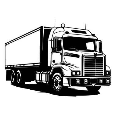 This black and white illustration features a detailed cargo truck with a long trailer, highlighting its structure on a clean background. Ideal for various projects.