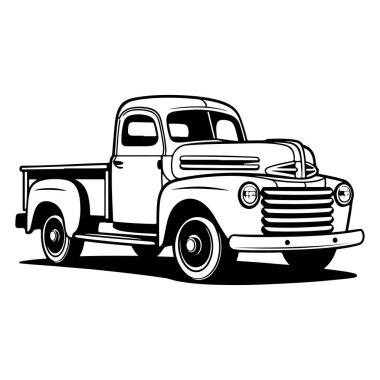 This detailed line art illustration features a classic vintage pickup truck, highlighting its timeless design and nostalgic appeal in black and white.