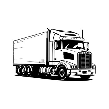 This black and white illustration showcases a classic truck with a box trailer, ideal for transport and logistics themes in various projects.