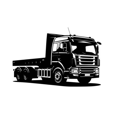This illustration features a heavy duty flatbed truck in a striking black and white design, showcasing its powerful and robust features. Ideal for graphic use.