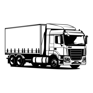 This black and white illustration features a heavy-duty box truck, symbolizing the essence of transportation and logistics. Ideal for industry-related projects.