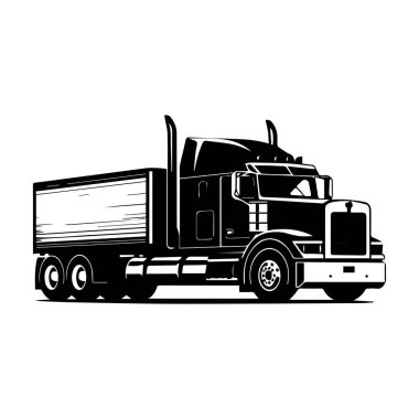 A striking black and white illustration of a heavy-duty truck featuring a flatbed trailer, perfect for transportation and logistics themes.
