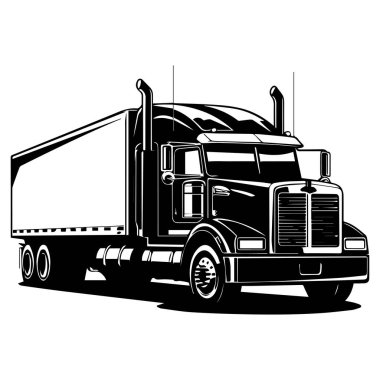 High-contrast black and white graphic of a big rig truck with a trailer, ideal for transportation, logistics, and freight industry concepts.