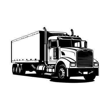 Detailed black and white illustration of a large freight truck with a cargo trailer, ideal for transport and logistics themes in graphic design.