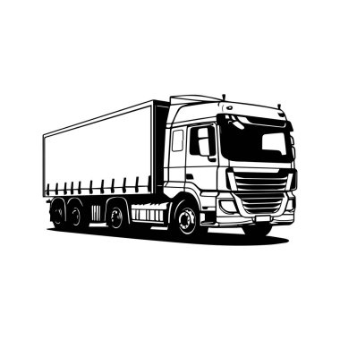 This detailed black and white illustration showcases a modern delivery truck from a side view, emphasizing its design and utility in logistics.