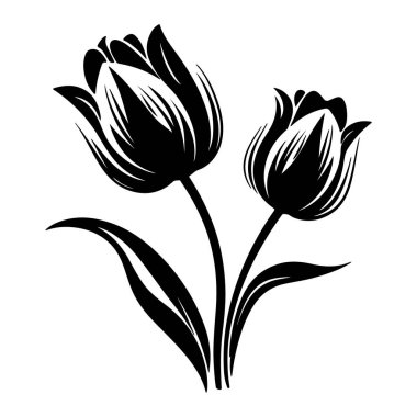 This elegant black and white illustration features two tulips with graceful leaves, perfect for floral design or artistic decor.