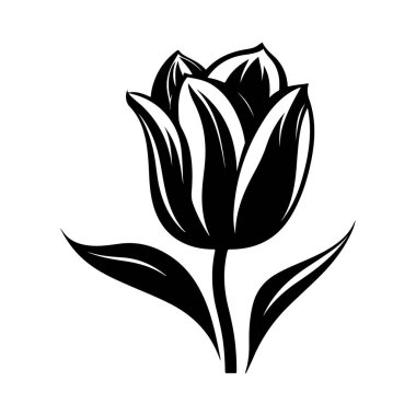 This elegant black and white illustration showcases a tulip flower with intricate details in its petals and leaves, perfect for various decorative uses.