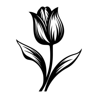 This elegant black and white illustration of a tulip feature intricate details of petals and leaves, suitable for artistic and nature-centric projects.