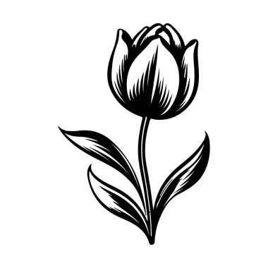 This elegant black and white illustration features a single tulip flower with intricate petal and leaf details, perfect for various artistic projects.
