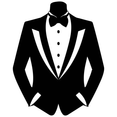 This image features a minimalist representation of a black tuxedo with a bow tie, symbolizing elegance and formal style for special events.