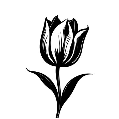 A striking black and white illustration of a single tulip flower. This elegant design features detailed petals and leaves, perfect for various artistic projects.