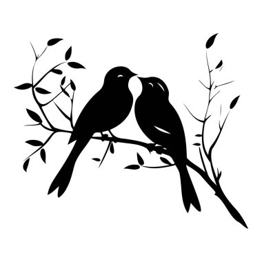 This artwork features a romantic silhouette of two birds kissing on a branch, surrounded by delicate leaves, embodying love and tenderness.