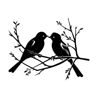 This beautiful silhouette of two birds perched on a branch captures love and harmony in nature, perfect for decor and artwork enthusiasts.