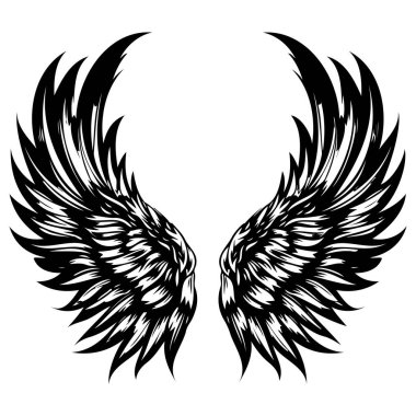 Stunning illustration of black wings featuring intricate feather details. Perfect for use in designs that require a touch of fantasy or symbolism.