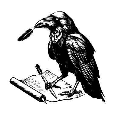 A striking monochrome illustration of a raven writing with a quill on parchment, symbolizing inspiration and creativity in art and literature.