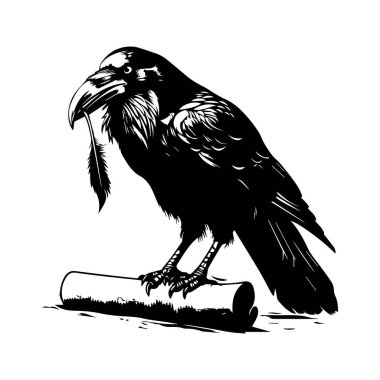 An artistic depiction of a black raven perched on a log, holding a feather. This graphic illustration captures the mystery and elegance of the bird.